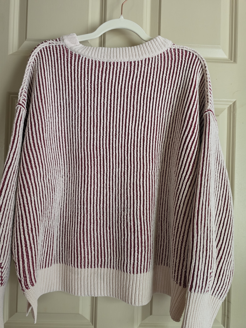 Zenana Outfitters Pink and Burgundy Ribbed Stripe Crewneck Sweater S/M - Picture 3 of 3